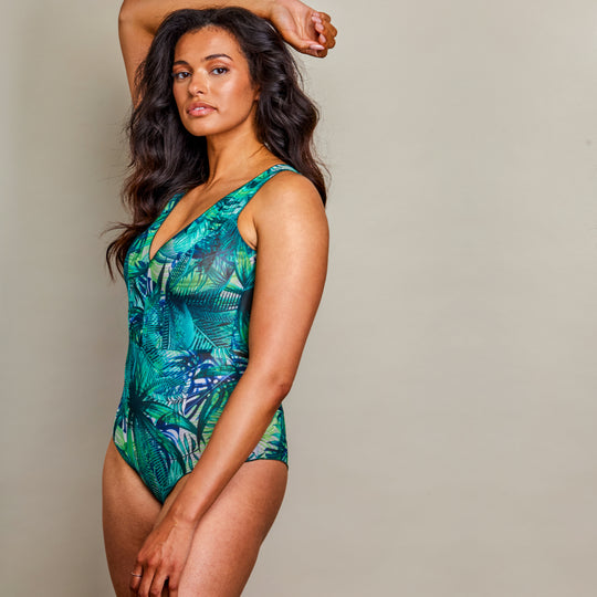 Tan Through Fitted Swimsuit - The Paula in Tropical Palm Green