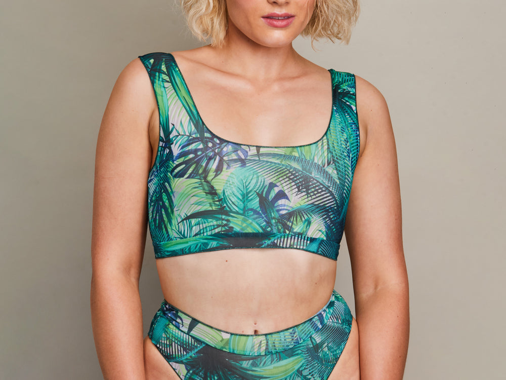 Tan Through Bikini Crop Top - Tropical Palm Green