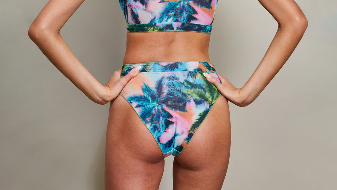 Tan Through High Waisted Bottom - Tropical Palm Green